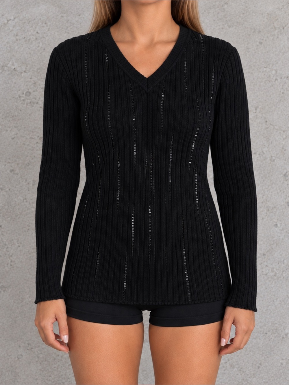 Vintage Silk Sequin Top Y2K Black Long Sleeve Ribbed Style&Co